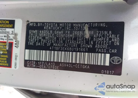 2011 Toyota Camry Xle from USA, damaged, VIN 4T1BF3EK6BU191661